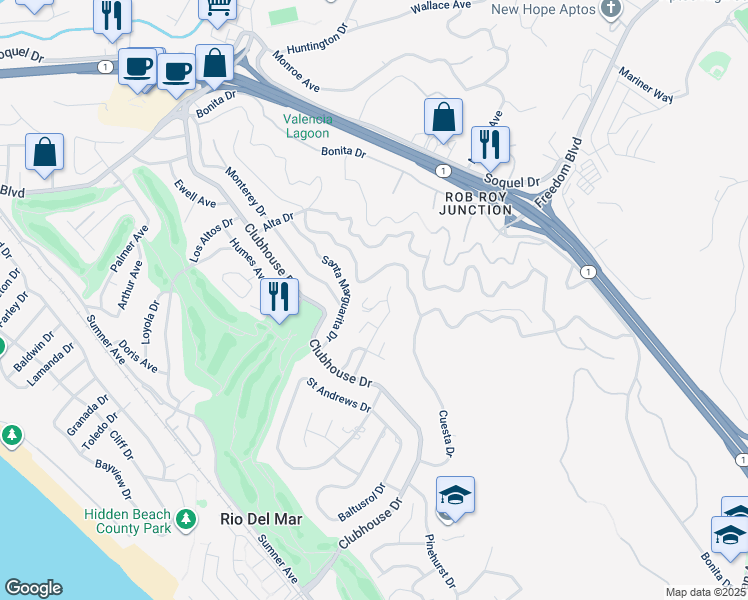 map of restaurants, bars, coffee shops, grocery stores, and more near 531 La Honda Drive in Aptos