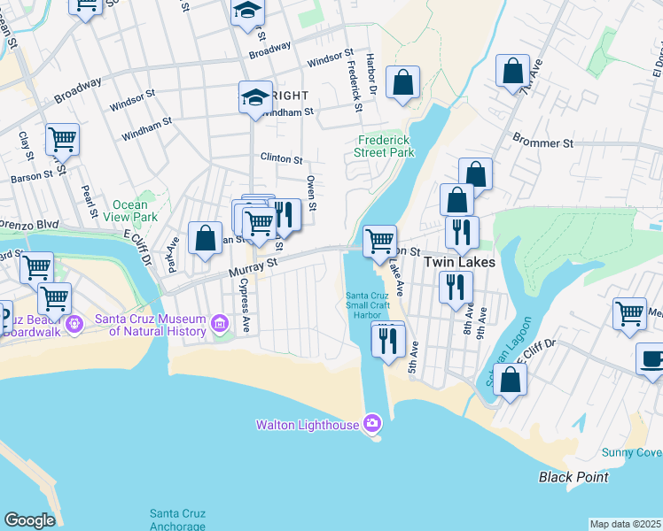 map of restaurants, bars, coffee shops, grocery stores, and more near 132 Fairview Place in Santa Cruz