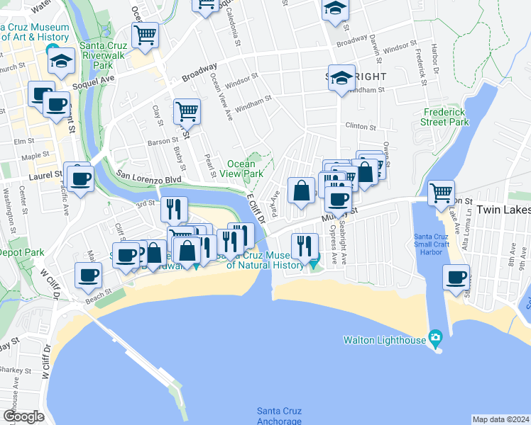 map of restaurants, bars, coffee shops, grocery stores, and more near 114 Buena Vista Avenue in Santa Cruz