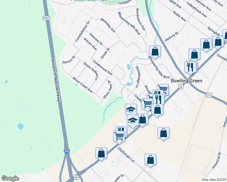 map of restaurants, bars, coffee shops, grocery stores, and more near 234 Moss View Street in Bowling Green
