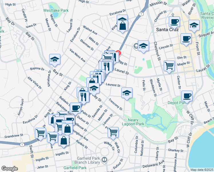 map of restaurants, bars, coffee shops, grocery stores, and more near 215 Laurent Street in Santa Cruz
