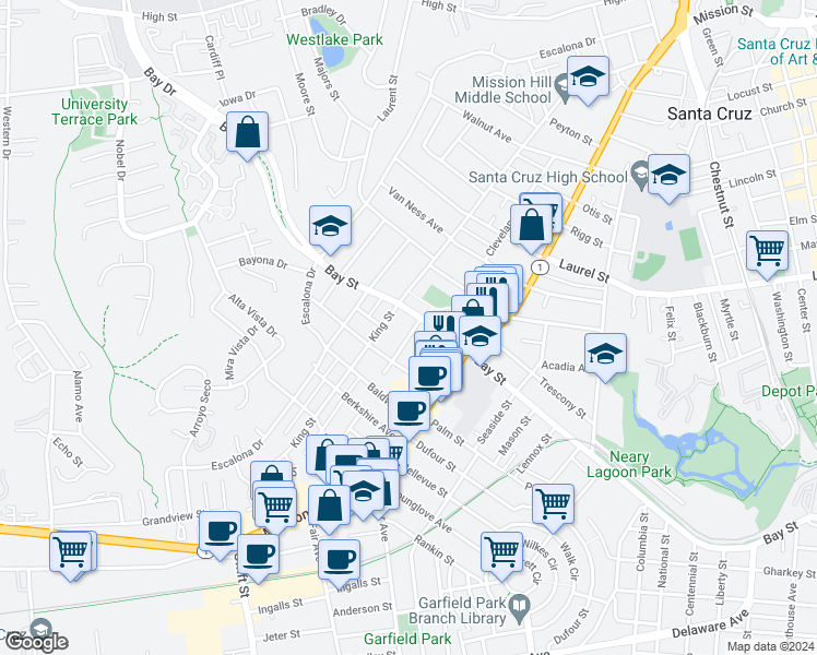 map of restaurants, bars, coffee shops, grocery stores, and more near 110 Anita Street in Santa Cruz