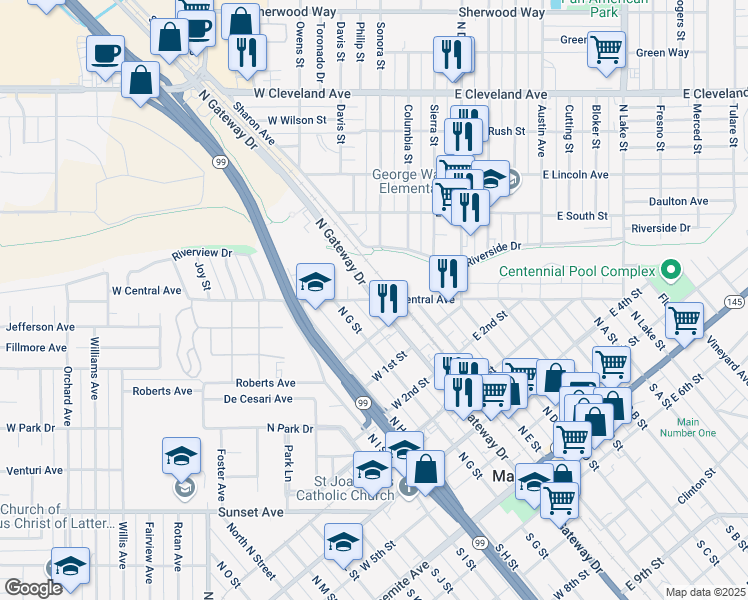 map of restaurants, bars, coffee shops, grocery stores, and more near 1 East Central Avenue in Madera