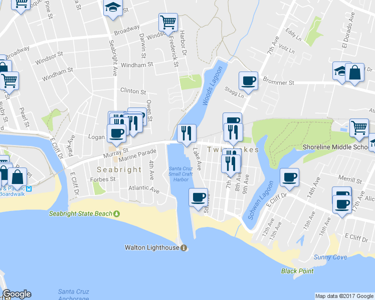 map of restaurants, bars, coffee shops, grocery stores, and more near 176 Murray Street in Santa Cruz