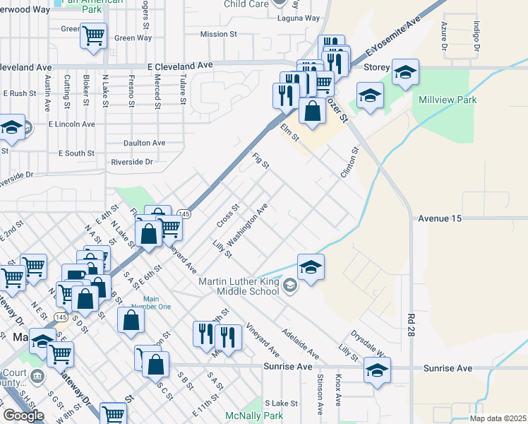 map of restaurants, bars, coffee shops, grocery stores, and more near 1014 Washington Avenue in Madera