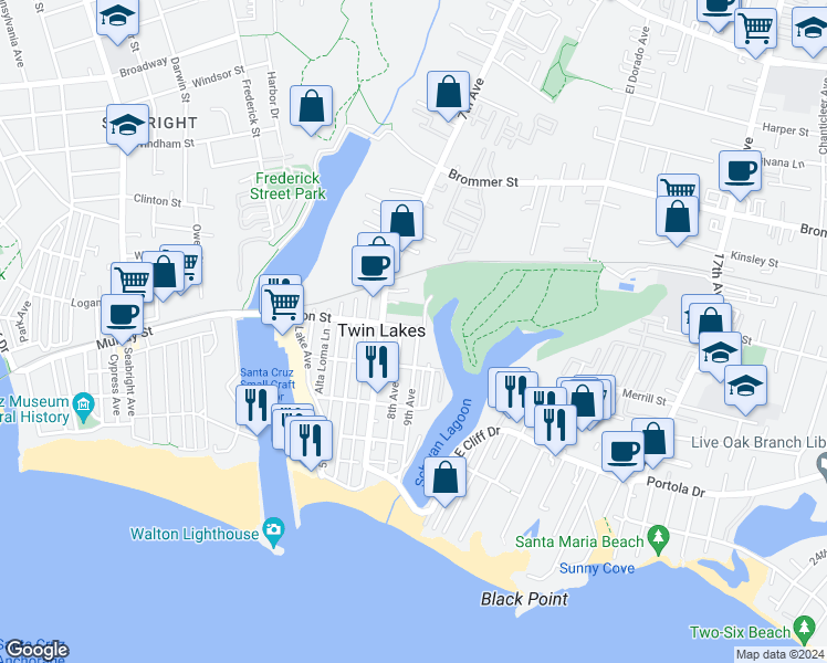 map of restaurants, bars, coffee shops, grocery stores, and more near 474 9th Avenue in Santa Cruz