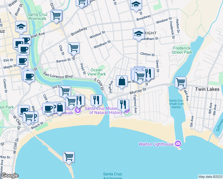 map of restaurants, bars, coffee shops, grocery stores, and more near 114 Seaview Avenue in Santa Cruz