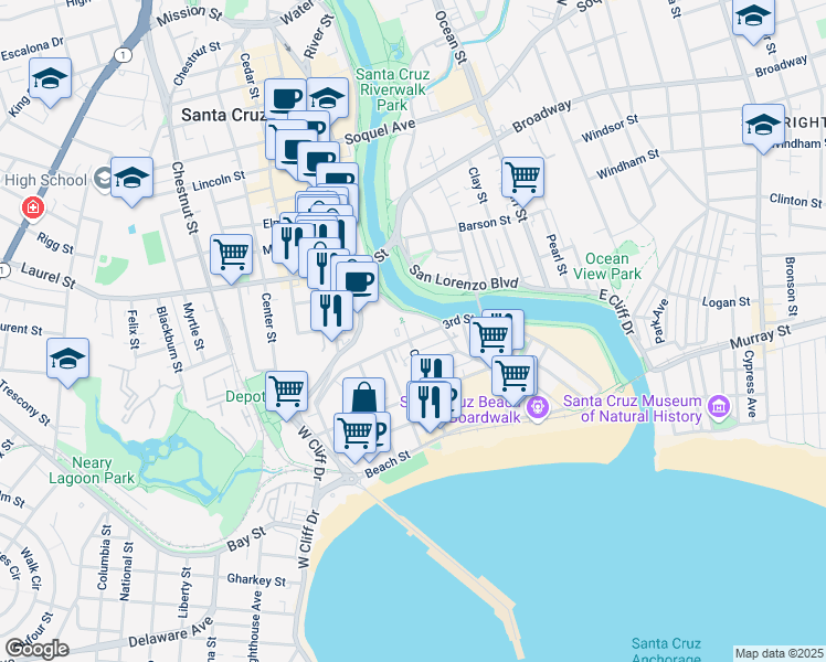 map of restaurants, bars, coffee shops, grocery stores, and more near 810 3rd Street in Santa Cruz
