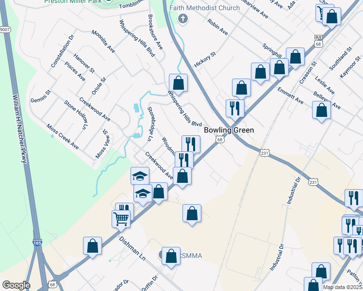 map of restaurants, bars, coffee shops, grocery stores, and more near 108 Hillridge Court in Bowling Green