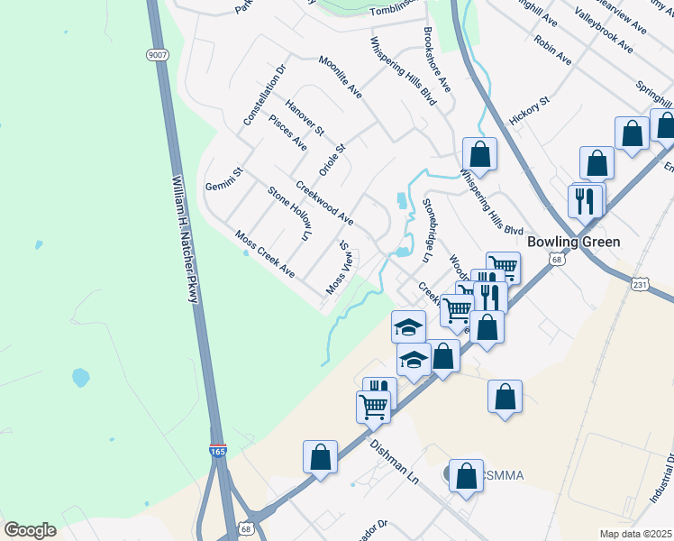 map of restaurants, bars, coffee shops, grocery stores, and more near 234 Moss View Street in Bowling Green
