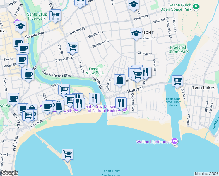 map of restaurants, bars, coffee shops, grocery stores, and more near 114 Seaview Avenue in Santa Cruz