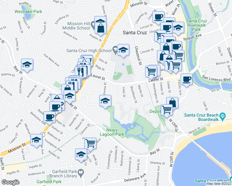 map of restaurants, bars, coffee shops, grocery stores, and more near 134 Walti Street in Santa Cruz