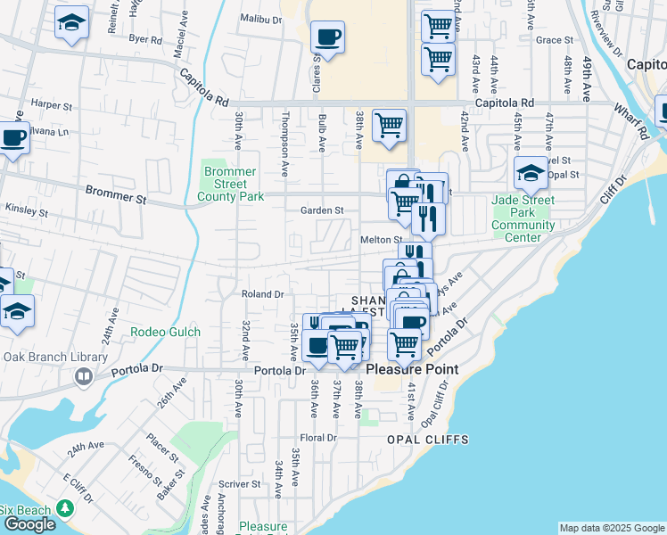 map of restaurants, bars, coffee shops, grocery stores, and more near 1099 38th Avenue in Santa Cruz