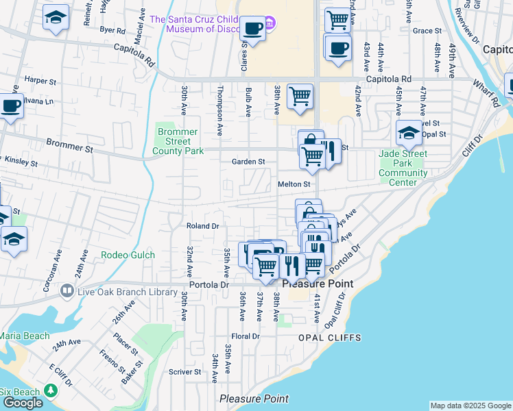 map of restaurants, bars, coffee shops, grocery stores, and more near 1099 38th Avenue in Santa Cruz