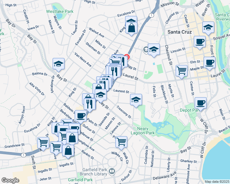 map of restaurants, bars, coffee shops, grocery stores, and more near 215 Laurent Street in Santa Cruz