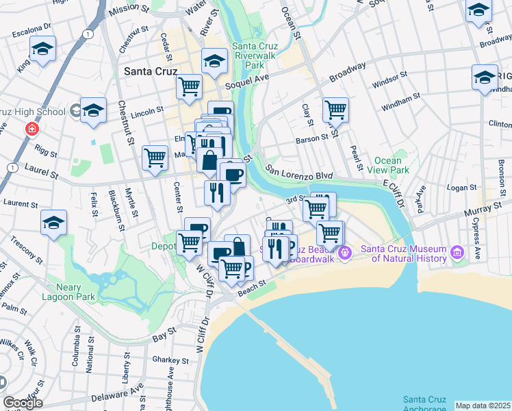 map of restaurants, bars, coffee shops, grocery stores, and more near 810 3rd Street in Santa Cruz