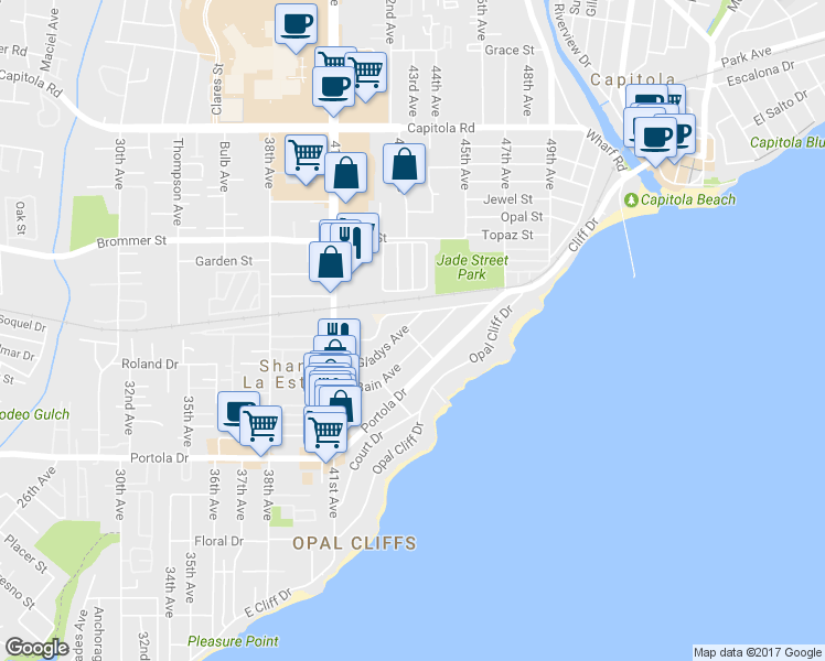 map of restaurants, bars, coffee shops, grocery stores, and more near 4400 Gladys Avenue in Santa Cruz