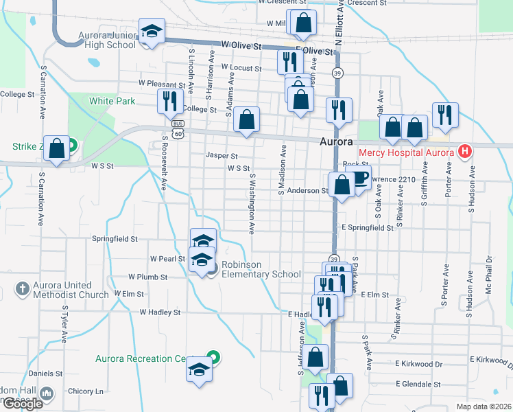 map of restaurants, bars, coffee shops, grocery stores, and more near 39 W Street Louis Street in Aurora