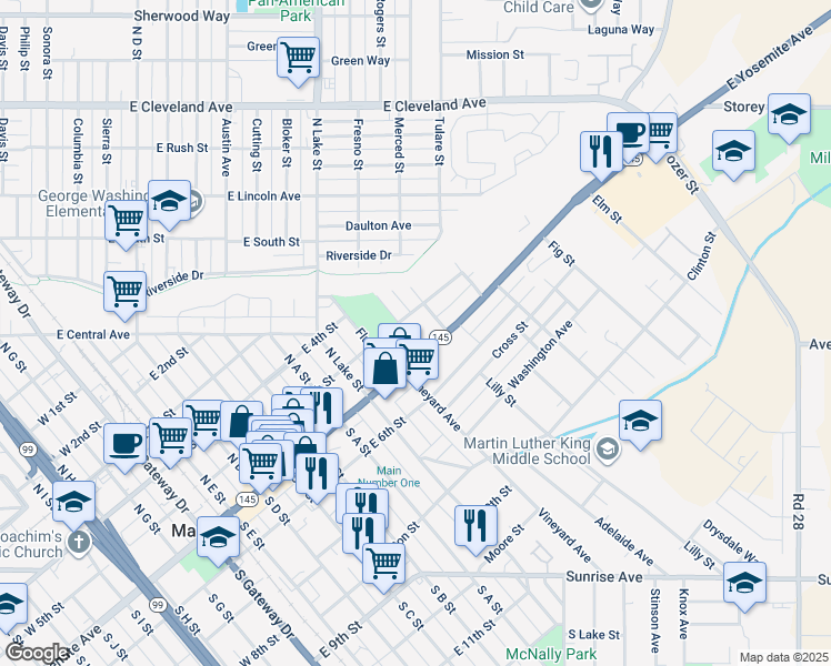 map of restaurants, bars, coffee shops, grocery stores, and more near 117 High Street in Madera