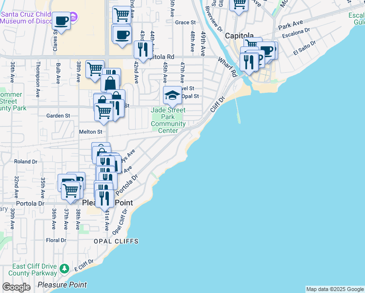 map of restaurants, bars, coffee shops, grocery stores, and more near 4715 Opal Cliff Drive in Santa Cruz