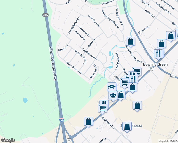 map of restaurants, bars, coffee shops, grocery stores, and more near 730 Village Creek Drive in Bowling Green