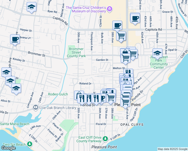 map of restaurants, bars, coffee shops, grocery stores, and more near 1099 38th Avenue in Santa Cruz