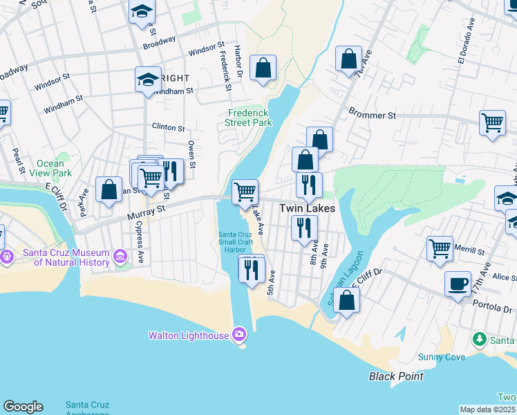 map of restaurants, bars, coffee shops, grocery stores, and more near 452 Lake Avenue in Santa Cruz