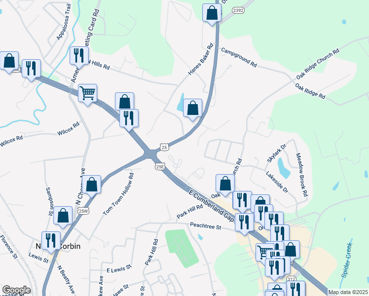 map of restaurants, bars, coffee shops, grocery stores, and more near 101 Cumberland Gap Parkway in Corbin