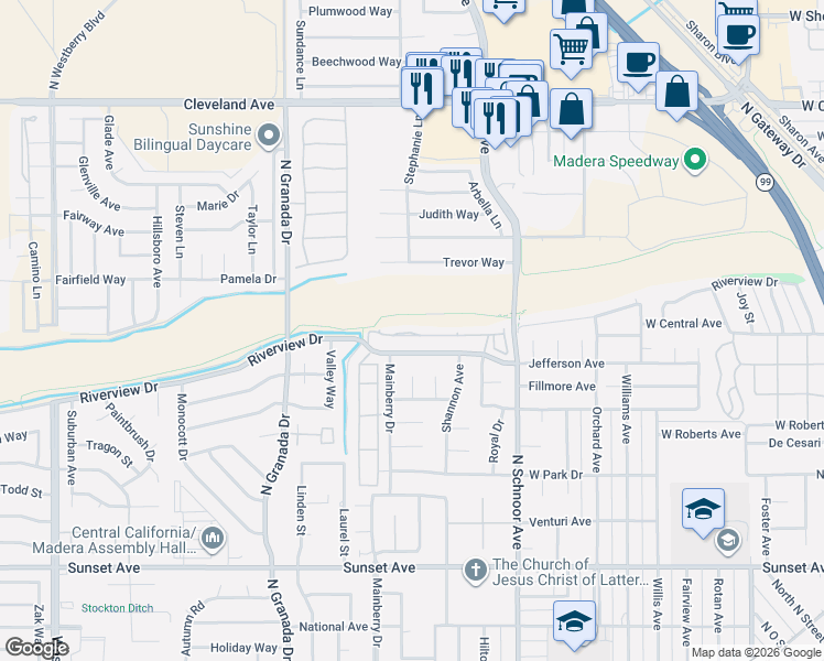 map of restaurants, bars, coffee shops, grocery stores, and more near 215 River Pointe in Madera