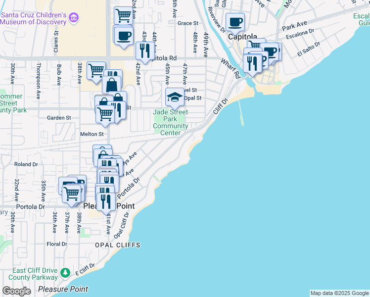 map of restaurants, bars, coffee shops, grocery stores, and more near 4715 Opal Cliff Drive in Santa Cruz