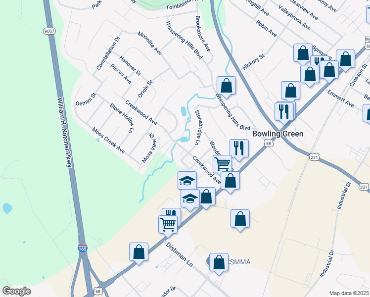 map of restaurants, bars, coffee shops, grocery stores, and more near 2525 Stonebridge Lane in Bowling Green