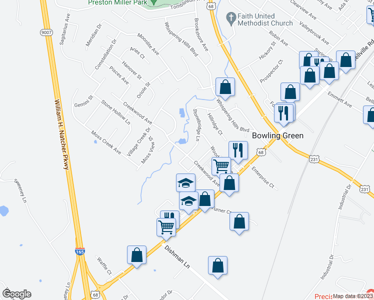 map of restaurants, bars, coffee shops, grocery stores, and more near 2525 Stonebridge Lane in Bowling Green