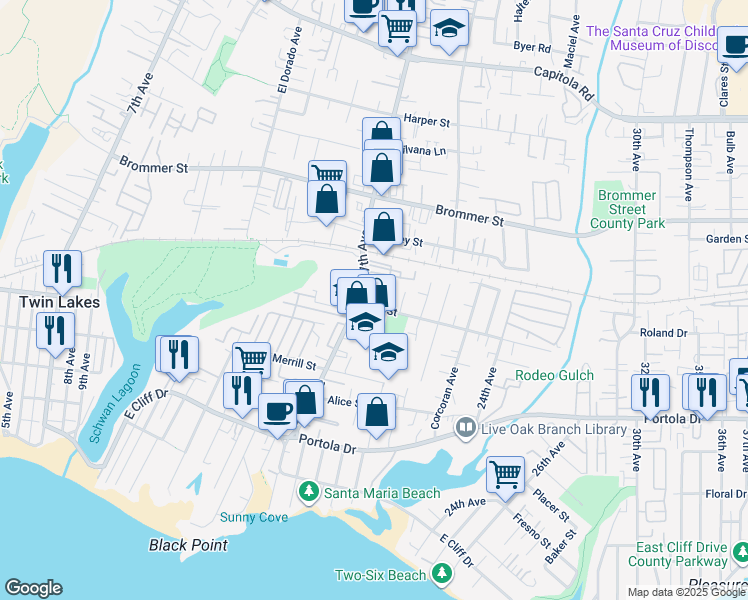 map of restaurants, bars, coffee shops, grocery stores, and more near 1781 Felt Street in Santa Cruz