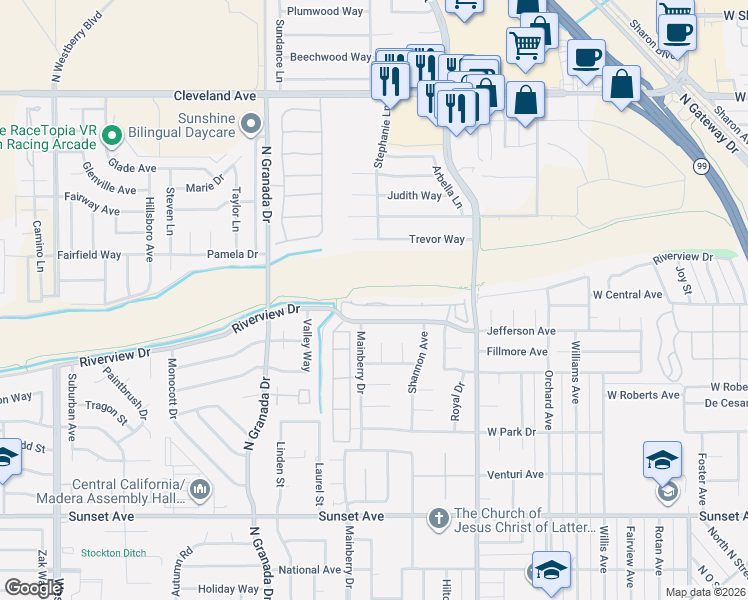 map of restaurants, bars, coffee shops, grocery stores, and more near 215 River Pointe in Madera