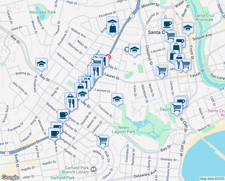 map of restaurants, bars, coffee shops, grocery stores, and more near 112 Laurent Street in Santa Cruz