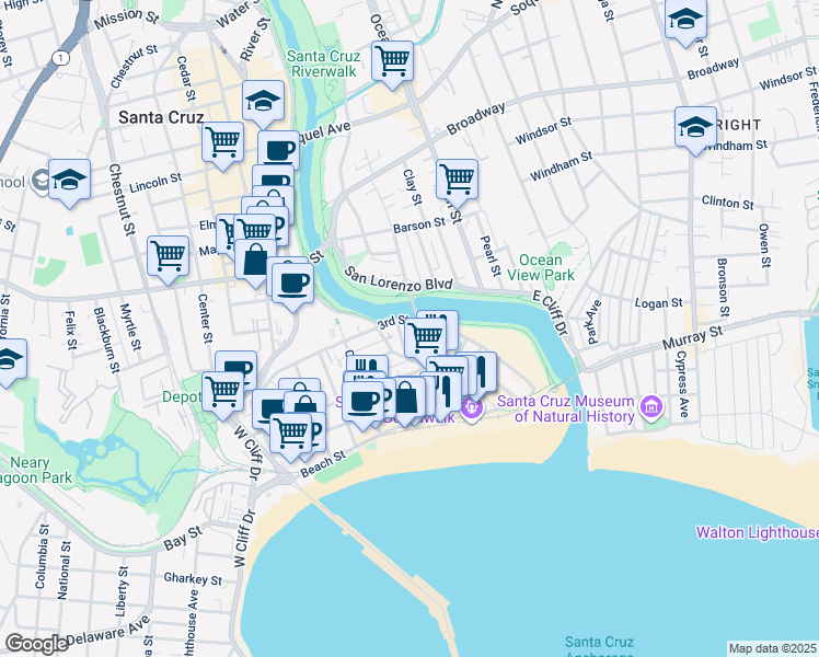 map of restaurants, bars, coffee shops, grocery stores, and more near 337 Riverside Avenue in Santa Cruz