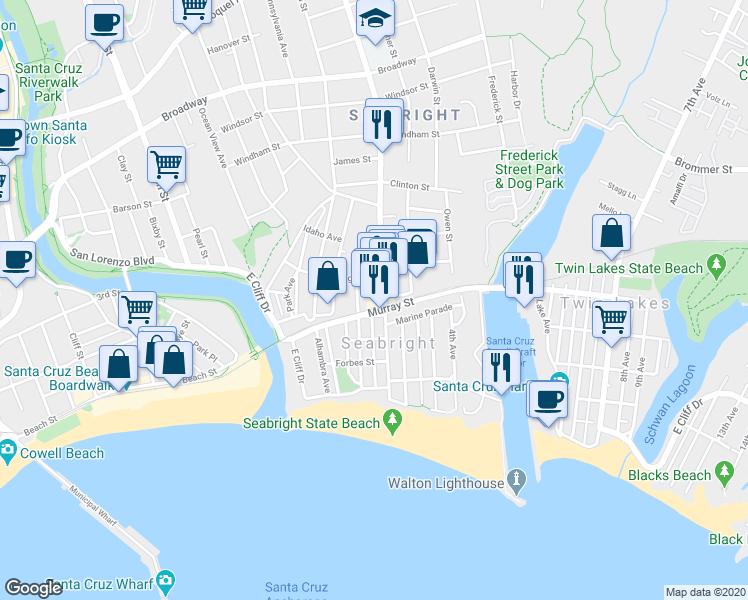 map of restaurants, bars, coffee shops, grocery stores, and more near 519 Seabright Avenue in Santa Cruz