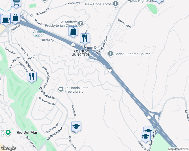 map of restaurants, bars, coffee shops, grocery stores, and more near 812 Loma Prieta Drive in Aptos