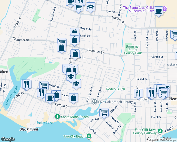 map of restaurants, bars, coffee shops, grocery stores, and more near 919 Paget Avenue in Santa Cruz