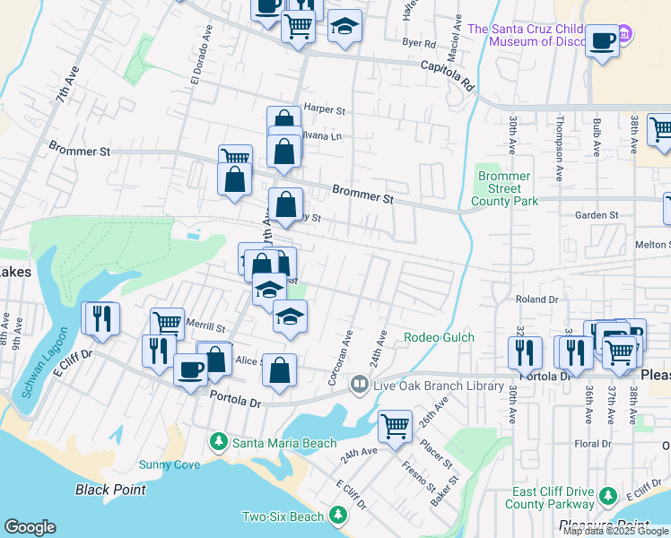 map of restaurants, bars, coffee shops, grocery stores, and more near 919 Paget Avenue in Santa Cruz