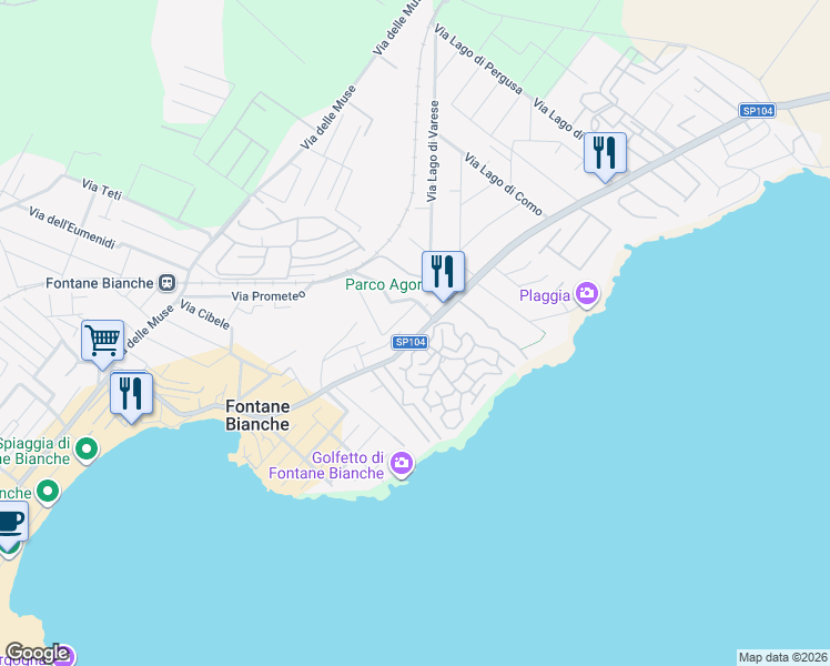 map of restaurants, bars, coffee shops, grocery stores, and more near 354 Viale dei Lidi in Fontane Bianche