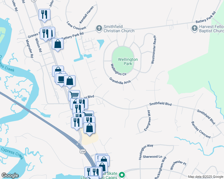 map of restaurants, bars, coffee shops, grocery stores, and more near 108 Harrison Drive in Smithfield