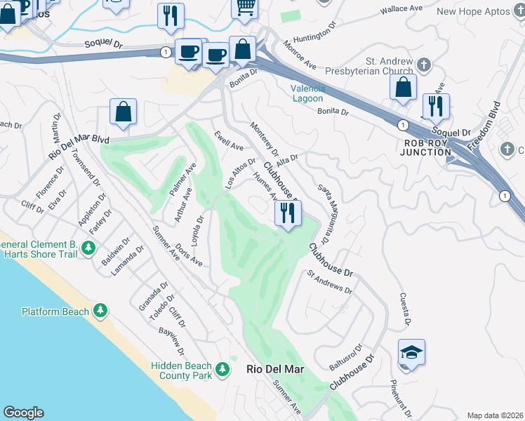 map of restaurants, bars, coffee shops, grocery stores, and more near 435 Semple Avenue in Aptos