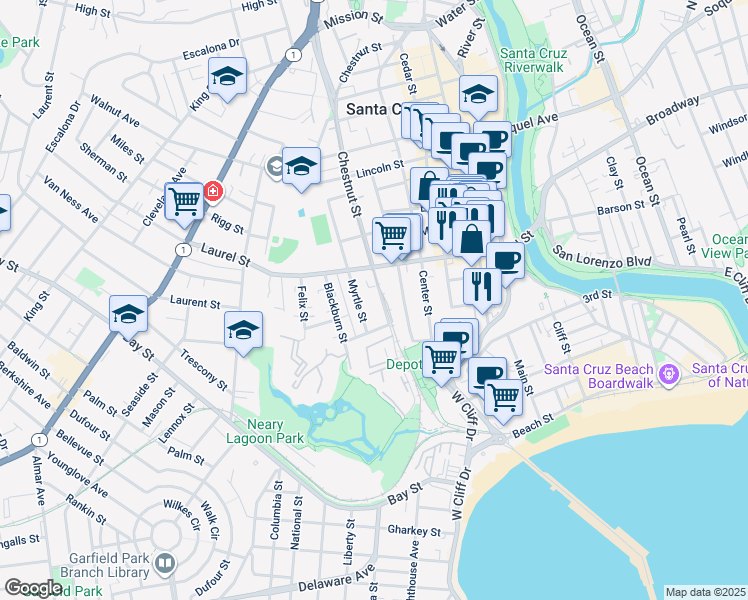 map of restaurants, bars, coffee shops, grocery stores, and more near 143 Chestnut Street in Santa Cruz