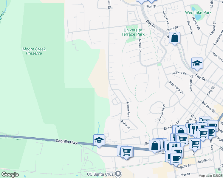 map of restaurants, bars, coffee shops, grocery stores, and more near 565a Western Drive in Santa Cruz