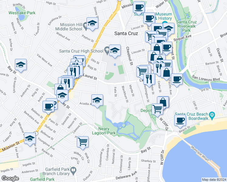 map of restaurants, bars, coffee shops, grocery stores, and more near 229 Felix Street in Santa Cruz