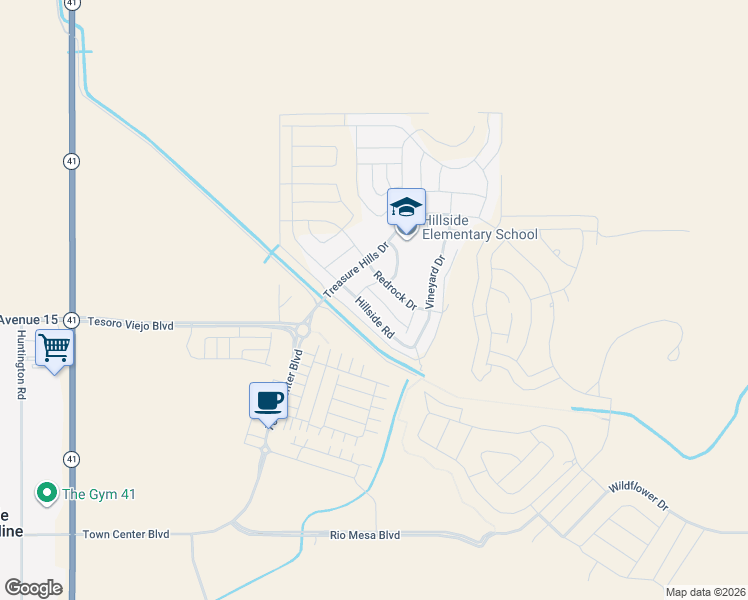 map of restaurants, bars, coffee shops, grocery stores, and more near 4408 Hillside Road in Madera