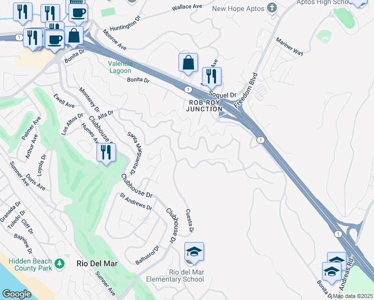 map of restaurants, bars, coffee shops, grocery stores, and more near 734 Loma Prieta Drive in Aptos