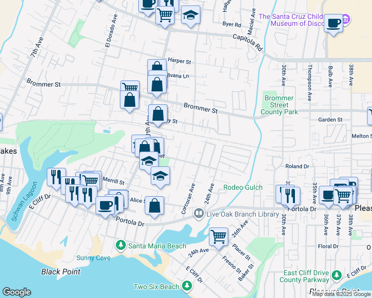 map of restaurants, bars, coffee shops, grocery stores, and more near 919 Paget Avenue in Santa Cruz