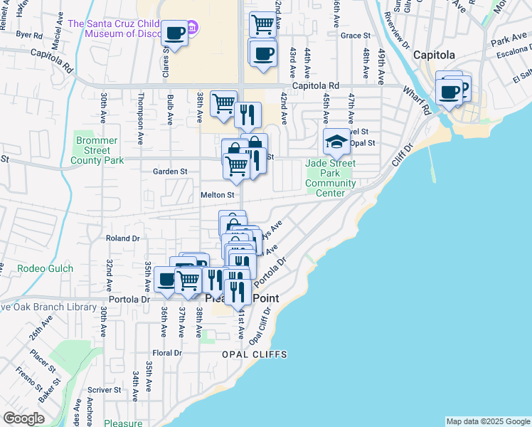 map of restaurants, bars, coffee shops, grocery stores, and more near 4225 Nova Drive in Santa Cruz